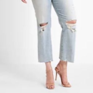 Express Mid Rise Light Wash Ripped Ankle Bootcut Jean